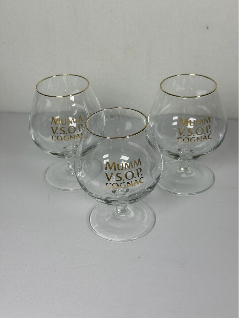 3 Mumm V.S.O.P. Cognac Snifter Glasses Gold Rim Barware Set Storage C-12